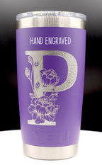 Single letter floral monogram laser or hand engraved on a 20oz Yeti tumbler. Dishwasher safe.... These are NOT sticker’s or vinyl decals!