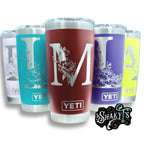 Single letter floral monogram laser or hand engraved on a 20oz Yeti tumbler. Dishwasher safe.... These are NOT sticker’s or vinyl decals!