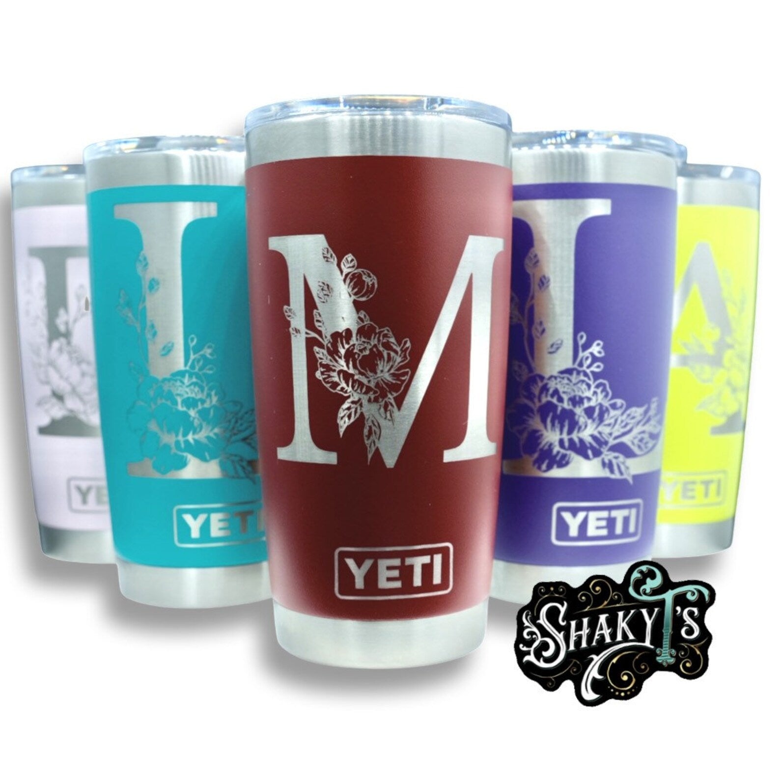 Single letter floral monogram laser or hand engraved on a 20oz Yeti tumbler. Dishwasher safe.... These are NOT sticker’s or vinyl decals!