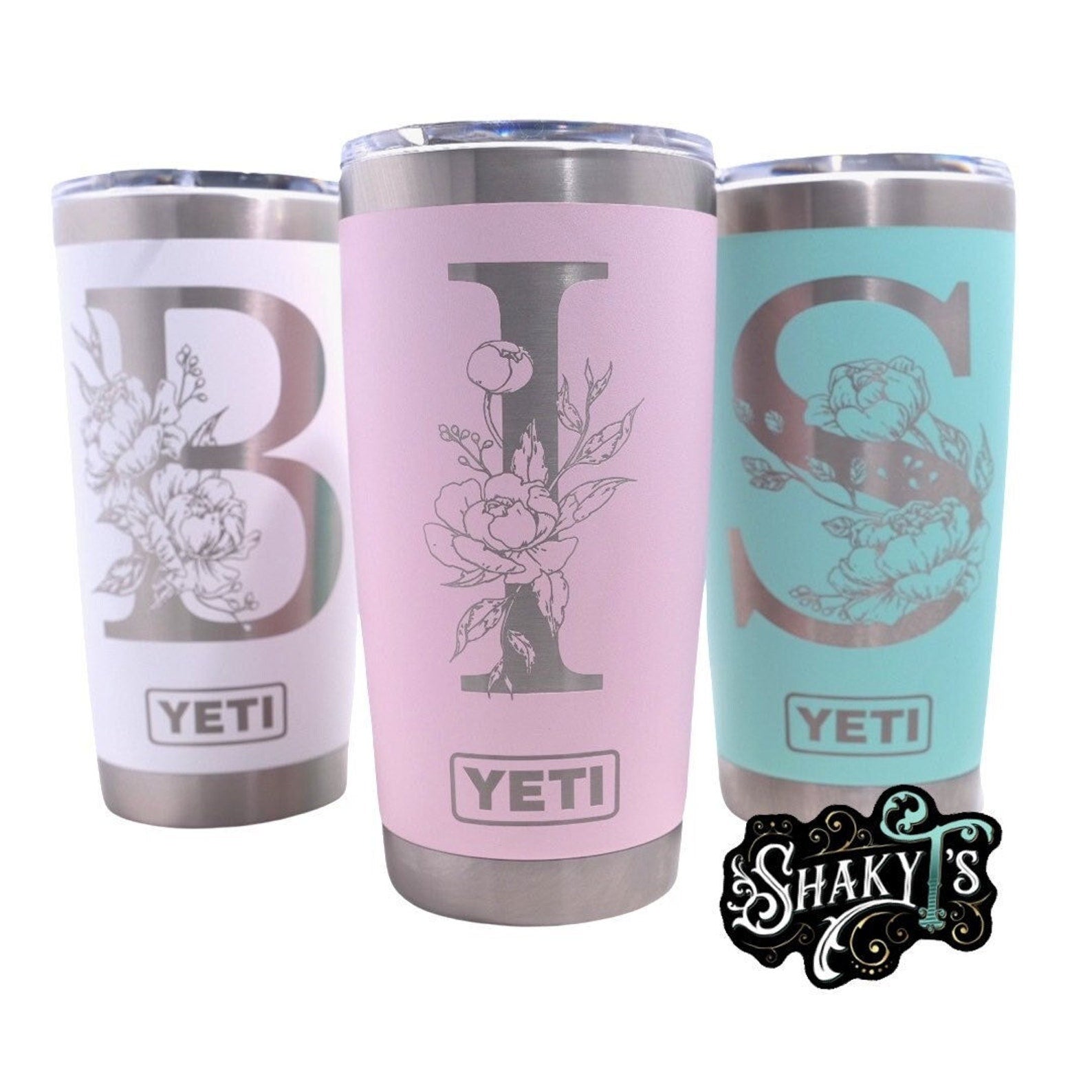 Single letter floral monogram laser or hand engraved on a 20oz Yeti tumbler. Dishwasher safe.... These are NOT sticker’s or vinyl decals!