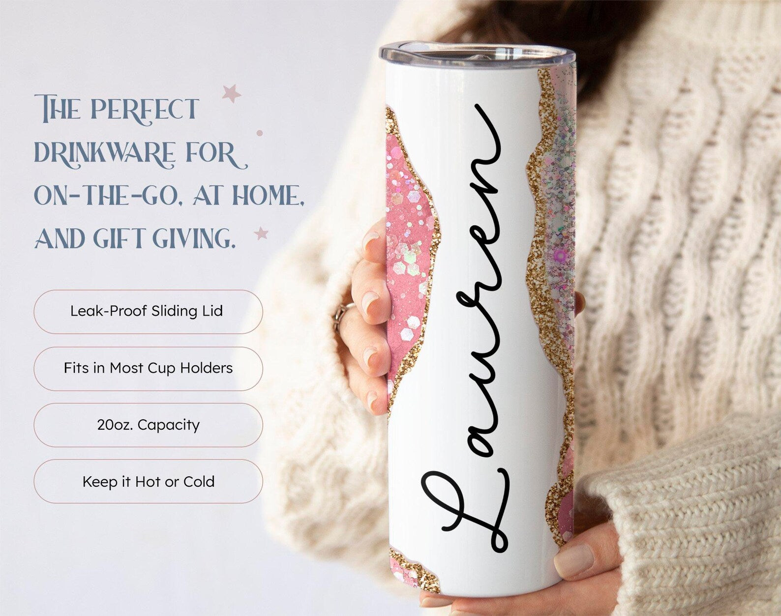 Pink Marble Custom Tumbler, Glitter Tumbler with Straw, Personalized Glitter Tumbler, Marble Travel Mug, Gifts for Her, (TM-25PINK)
