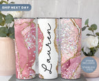Pink Marble Custom Tumbler, Glitter Tumbler with Straw, Personalized Glitter Tumbler, Marble Travel Mug, Gifts for Her, (TM-25PINK)