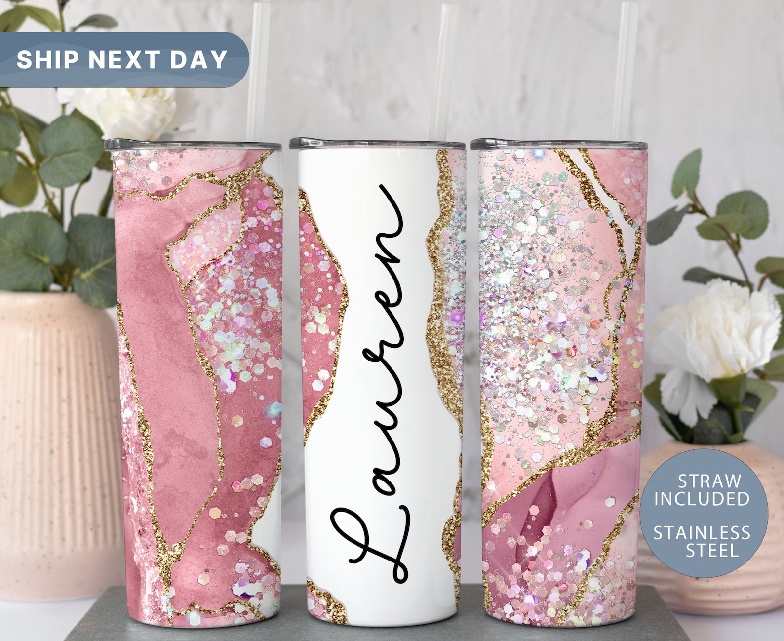 Pink Marble Custom Tumbler, Glitter Tumbler with Straw, Personalized Glitter Tumbler, Marble Travel Mug, Gifts for Her, (TM-25PINK)