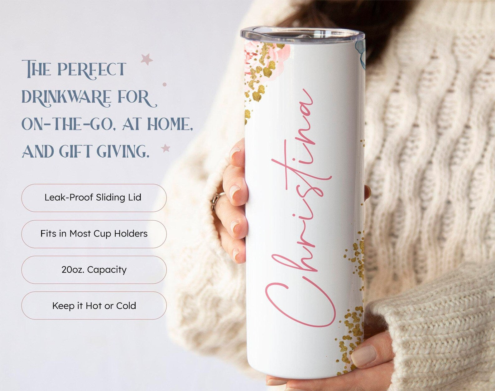 Floral Personalized Name Tumbler, Flowers Tumbler, Floral Tumbler with Straw, Floral 20oz Tumbler, Custom Tumbler with Lid, (TM-38FLOWER)