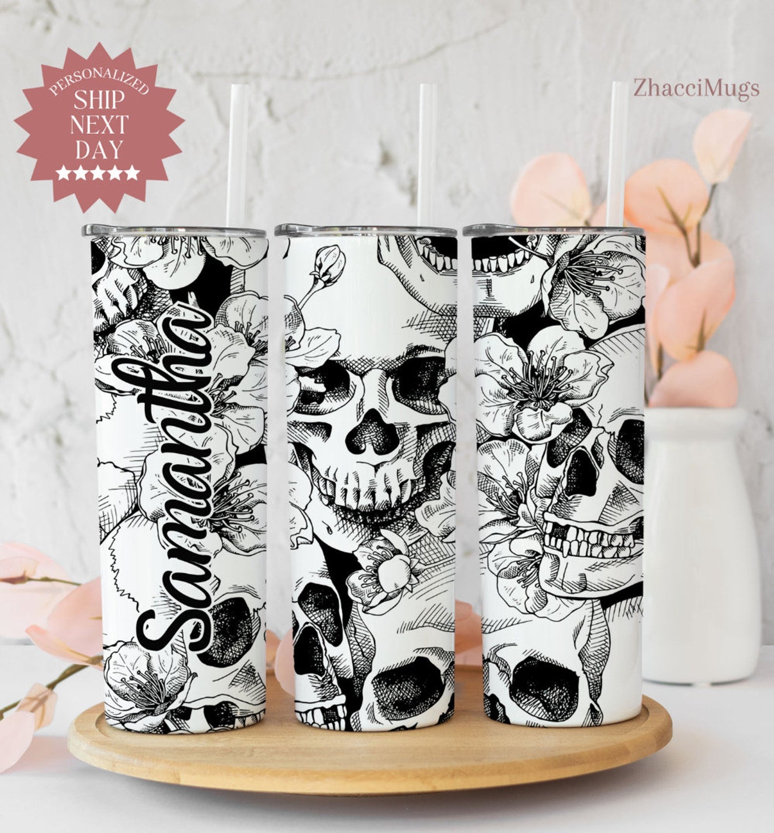 Custom Floral Skulls Tumbler, Skeleton Skull Travel Mug, Skull lover,  Halloween Cup With Lid And Straw, Personalized Skull Gifts For Women