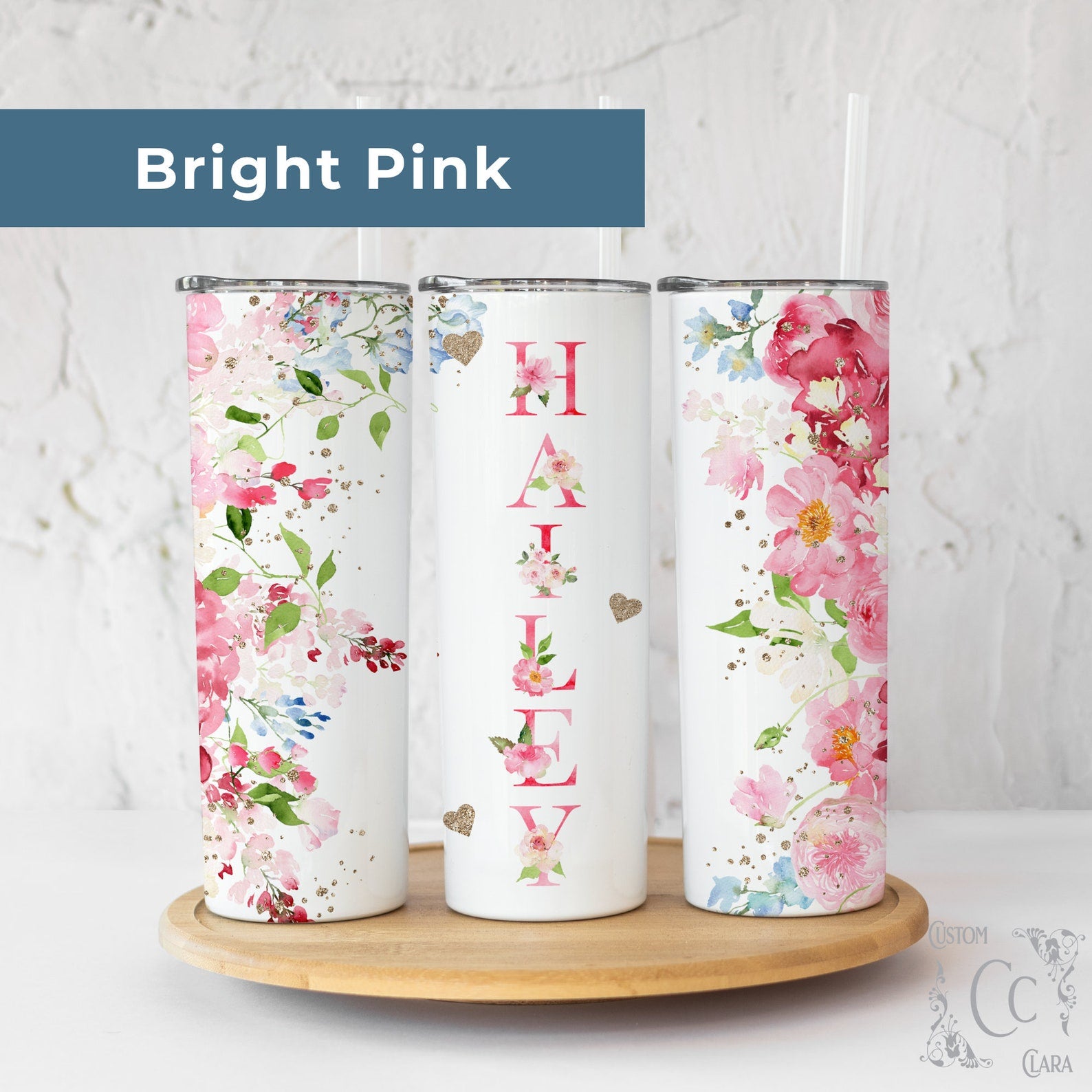 Floral Custom Tumbler Gift for Her, Personalized Floral Tumbler with Straw and Lid, Floral Skinny Tumbler, Pink Floral Tumbler with Name