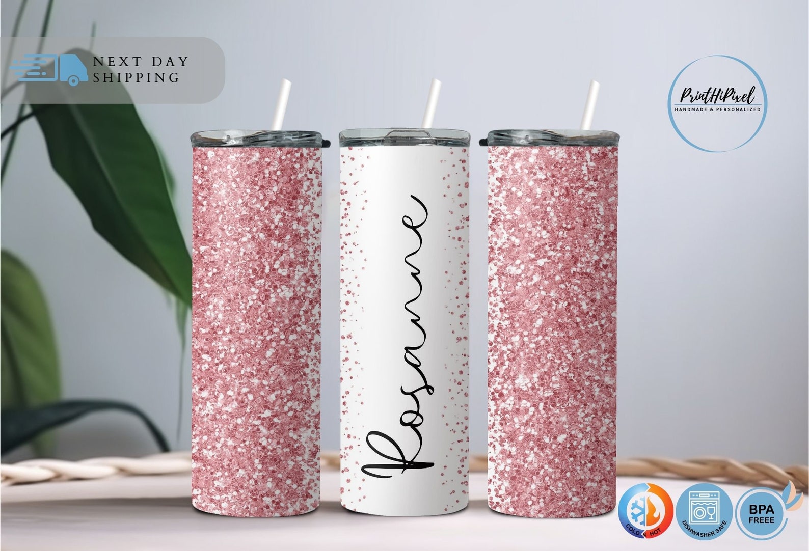 Personalized Glitter Name Tumbler, Custom Tumbler Glitter Effect, Silver Glitter Design Tumbler, Summer Tumbler, Glitter 20oz Tumbler