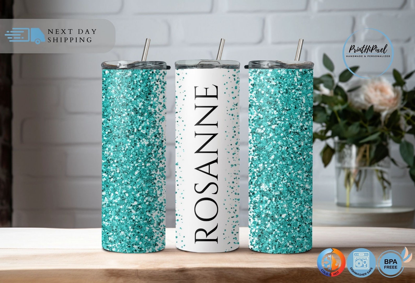 Personalized Glitter Name Tumbler, Custom Tumbler Glitter Effect, Silver Glitter Design Tumbler, Summer Tumbler, Glitter 20oz Tumbler