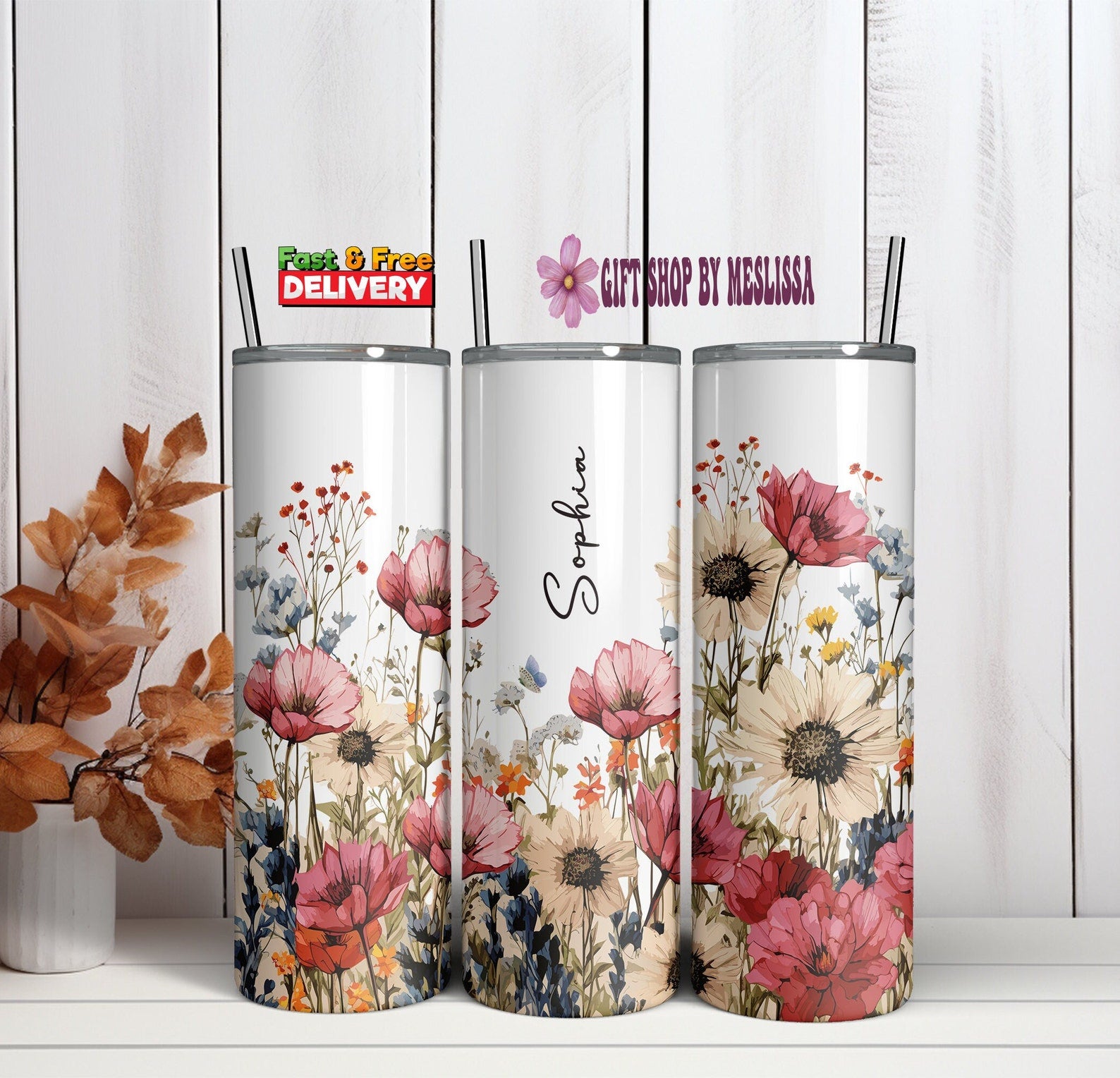 Custom Floral Tumbler, Personalized Name, Gift for Her