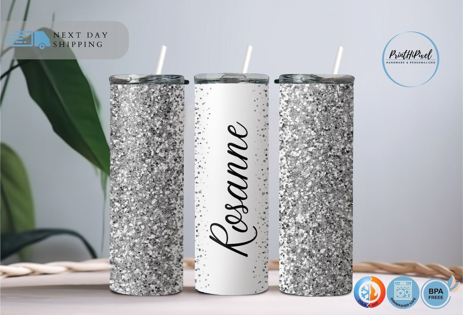 Personalized Glitter Name Tumbler, Custom Tumbler Glitter Effect, Silver Glitter Design Tumbler, Summer Tumbler, Glitter 20oz Tumbler