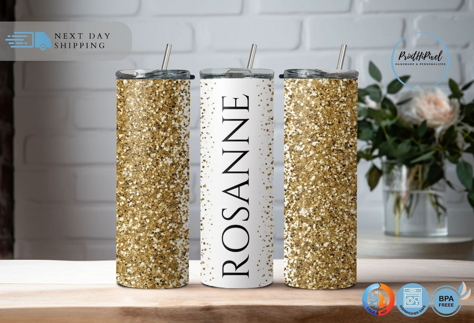 Personalized Glitter Name Tumbler, Custom Tumbler Glitter Effect, Silver Glitter Design Tumbler, Summer Tumbler, Glitter 20oz Tumbler