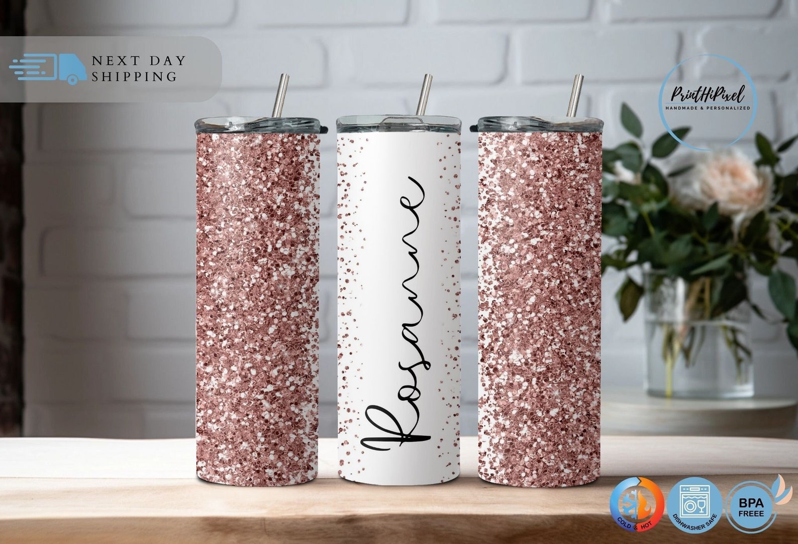 Personalized Glitter Name Tumbler, Custom Tumbler Glitter Effect, Silver Glitter Design Tumbler, Summer Tumbler, Glitter 20oz Tumbler