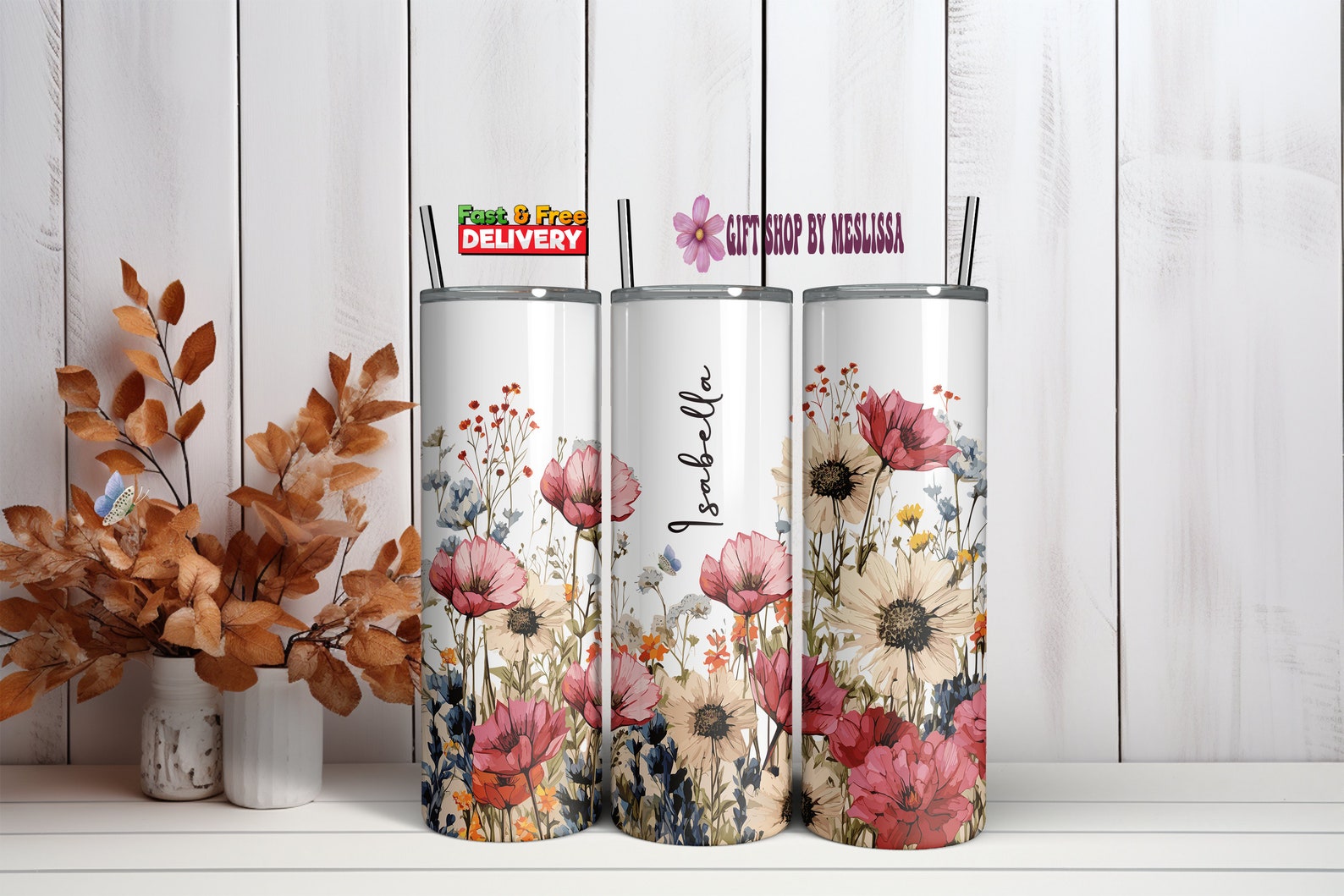 Custom Floral Tumbler, Personalized Name, Gift for Her