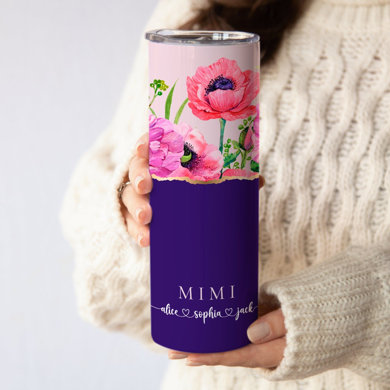 Personalized Floral Grandma Tumbler, Custom Tumbler Gift For Mother's Day, Grandma Tumbler With Grandkids Name, Flower Cup For Birthday Gift