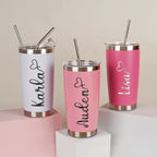 Personalized 20oz Engraved Tumbler, Custom Name Travel Mug, Stainless Steel Cups, Insulated Bridesmaid Tumbler, Tumbler with Straw