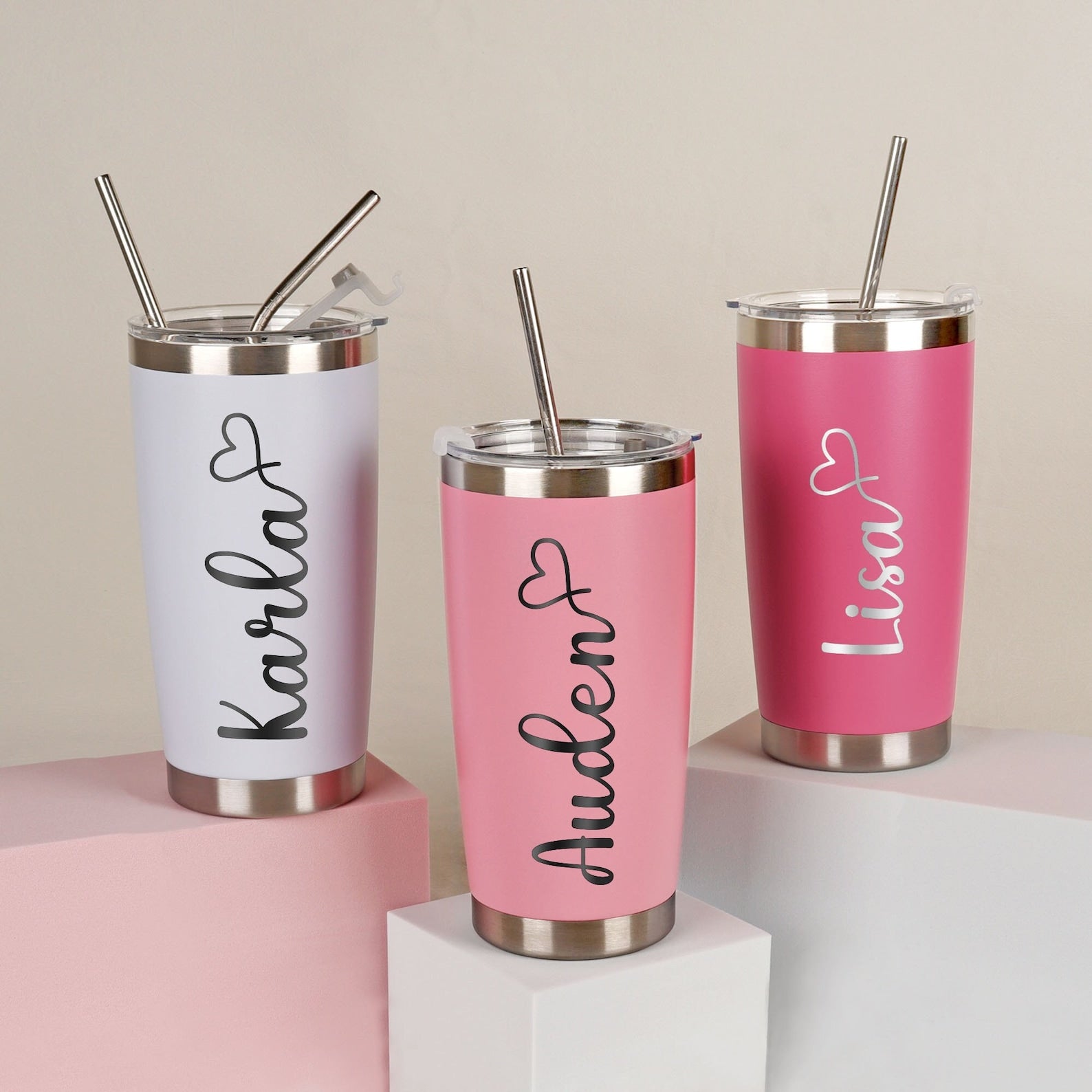 Personalized 20oz Engraved Tumbler, Custom Name Travel Mug, Stainless Steel Cups, Insulated Bridesmaid Tumbler, Tumbler with Straw