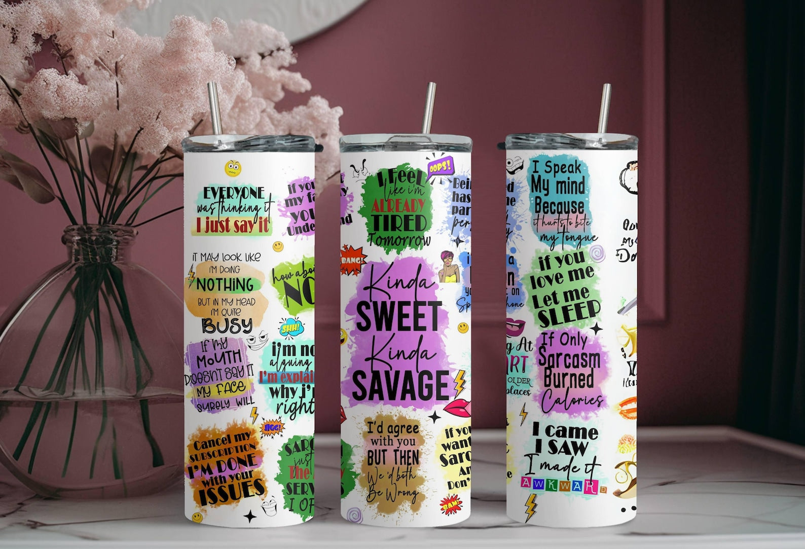 Kinda Sweet Kinda Savage Tumbler, Steel 20oz Slim Tumbler, Skinny Tumbler Cup with Straw & Lid, Sarcastic Tumbler, Funny Christmas Gift