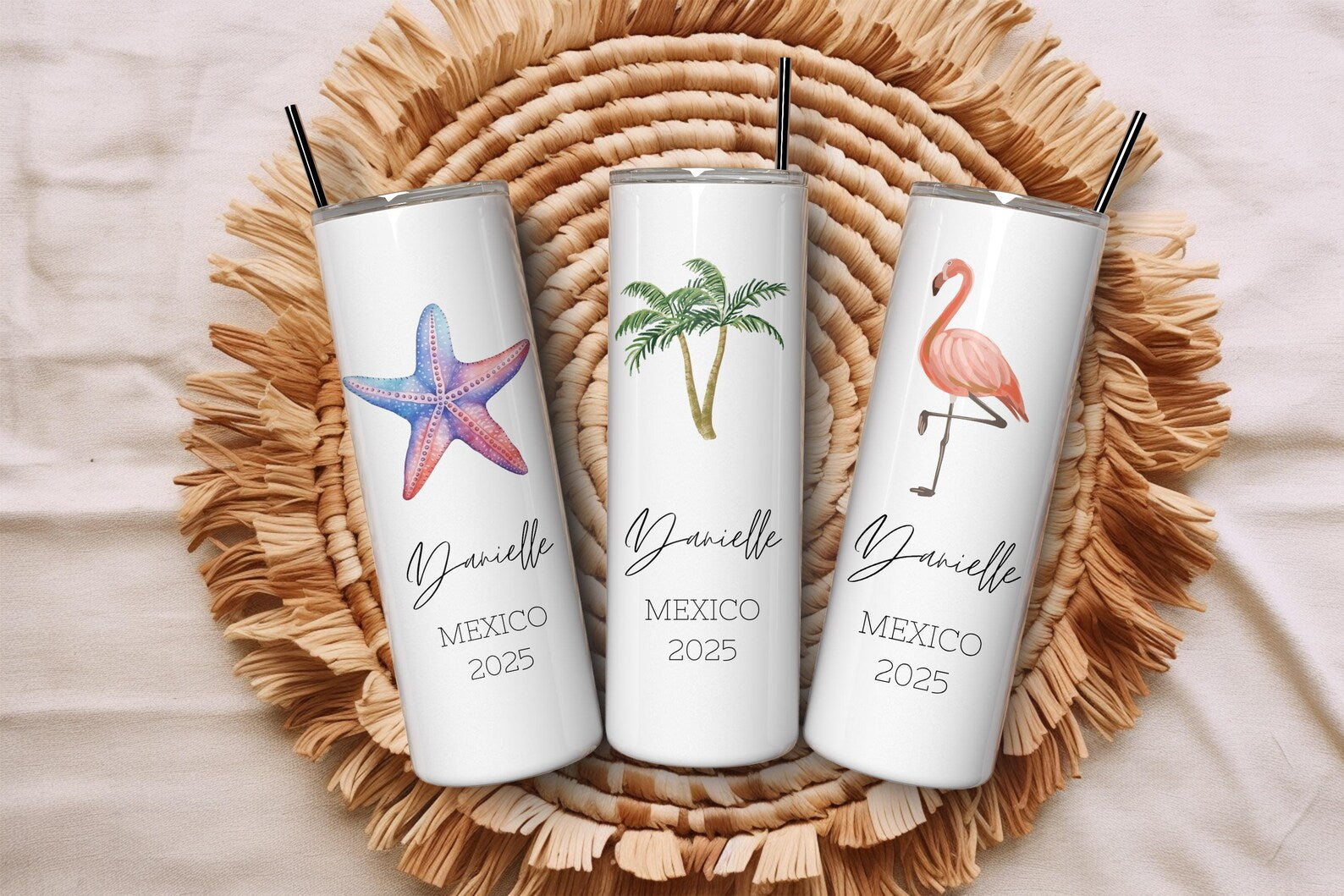 Custom Vacation Tumbler - Personalized Name -  Matching Beach Vacation -  Spring Break - Bachelorette Girls Trip 20 oz Skinny Tumblers