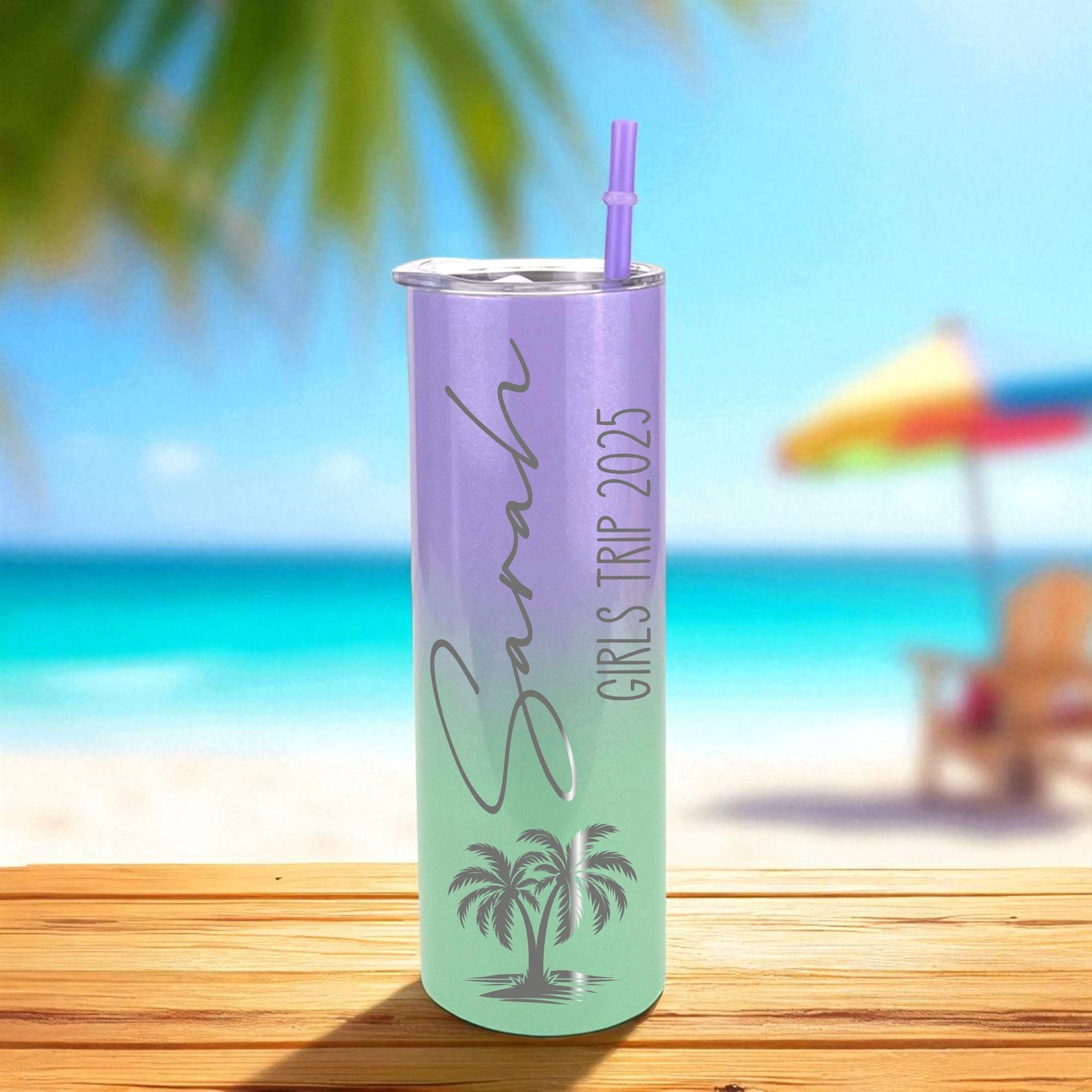 Beach Trip Tumblers with Name | Engraved Vacation Cups | Matching Travel Cups | Custom Skinny Tumbler | Pool & Cruise Drink Cup
