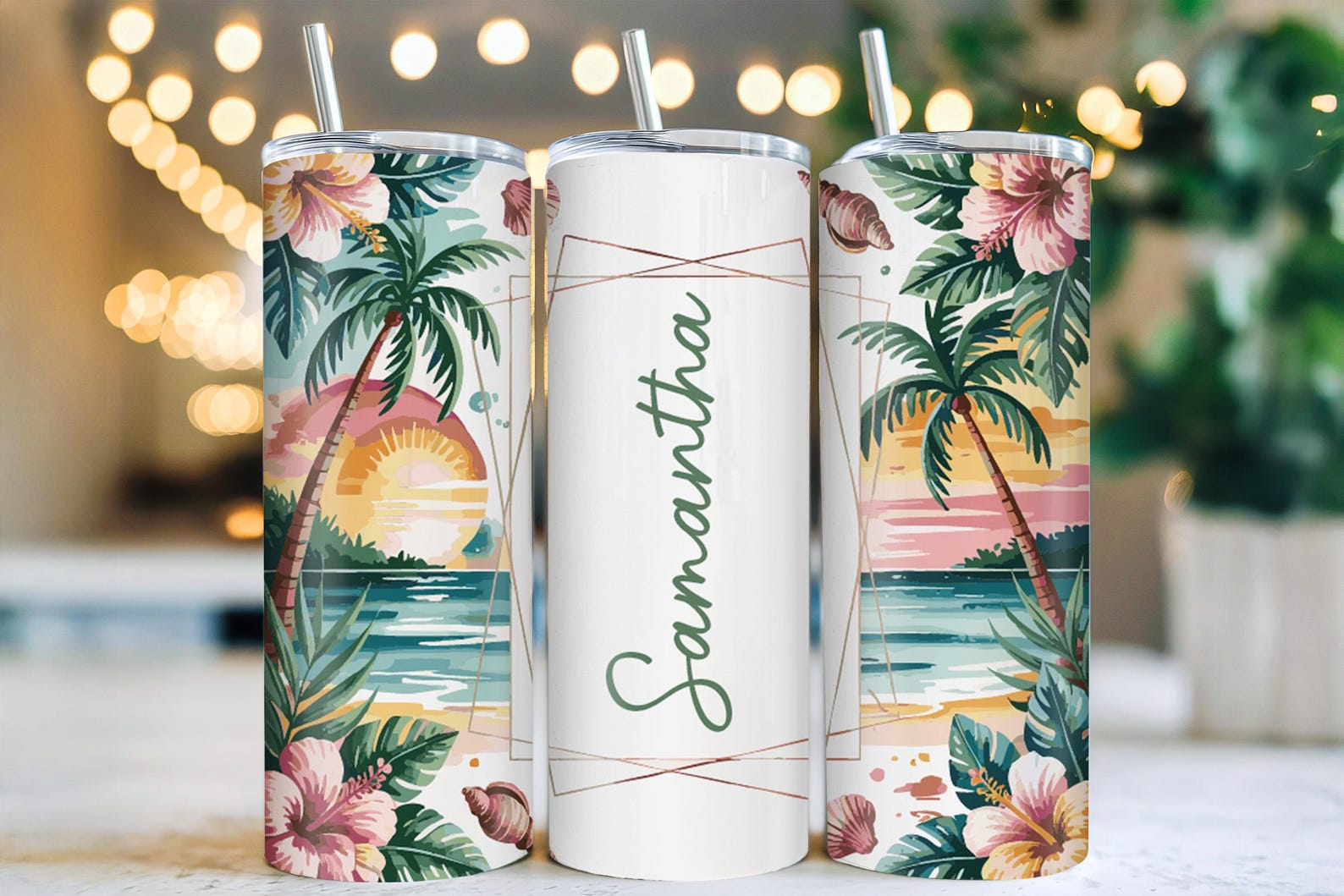 Personalized Beach Sunset Tumbler: Tropical Palm Stainless Steel Cup