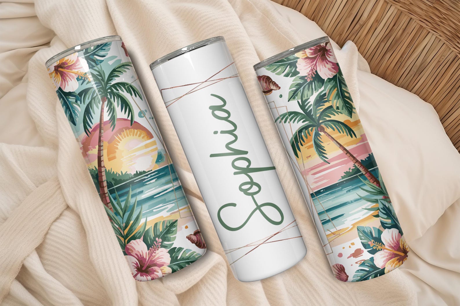 Personalized Beach Sunset Tumbler: Tropical Palm Stainless Steel Cup