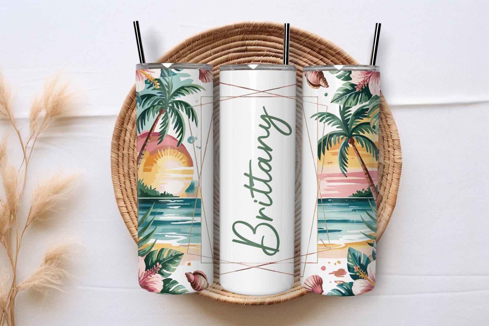 Personalized Beach Sunset Tumbler: Tropical Palm Stainless Steel Cup