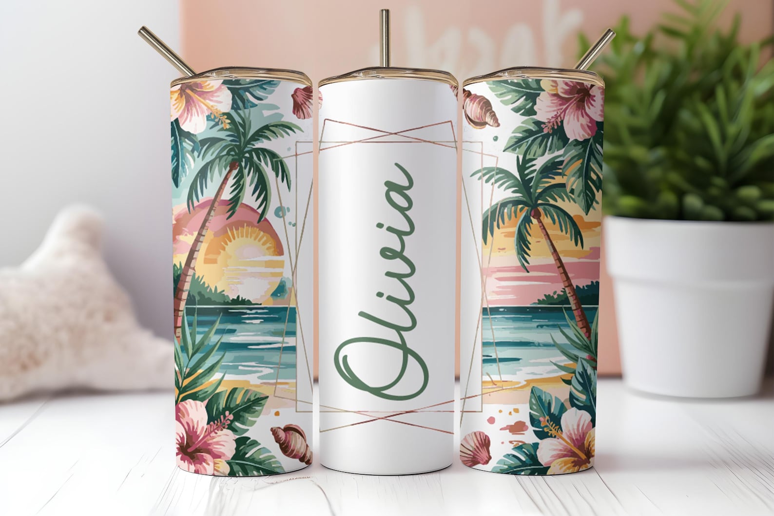 Personalized Beach Sunset Tumbler: Tropical Palm Stainless Steel Cup