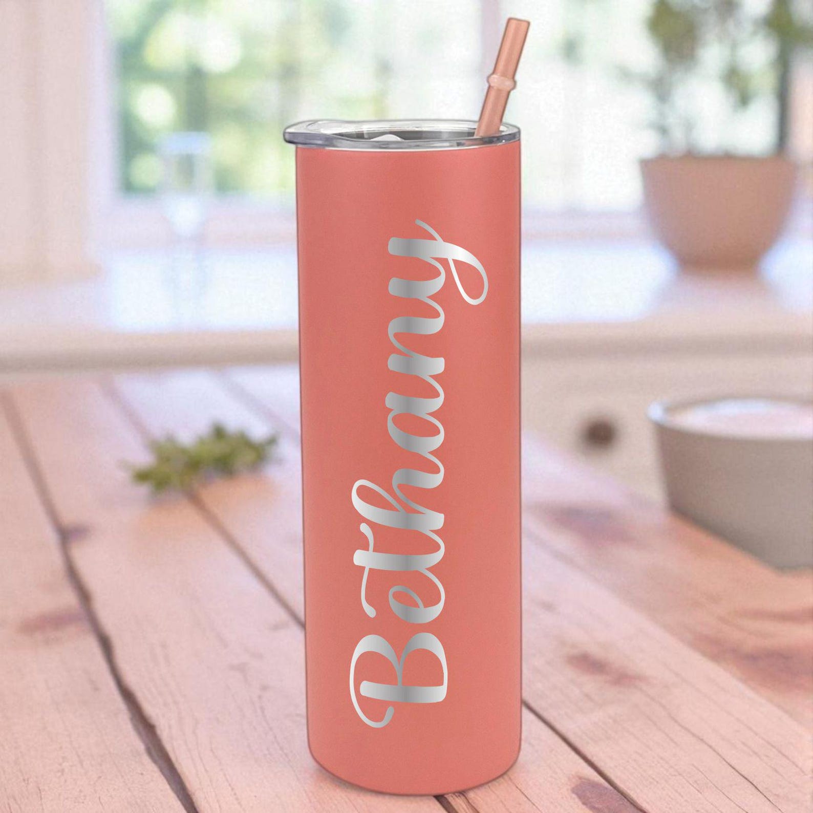 Personalized Skinny Tumbler with Name – Custom Engraved Insulated Cup with Lid & Straw for Bridesmaid Gift, Birthday or Girls Trip