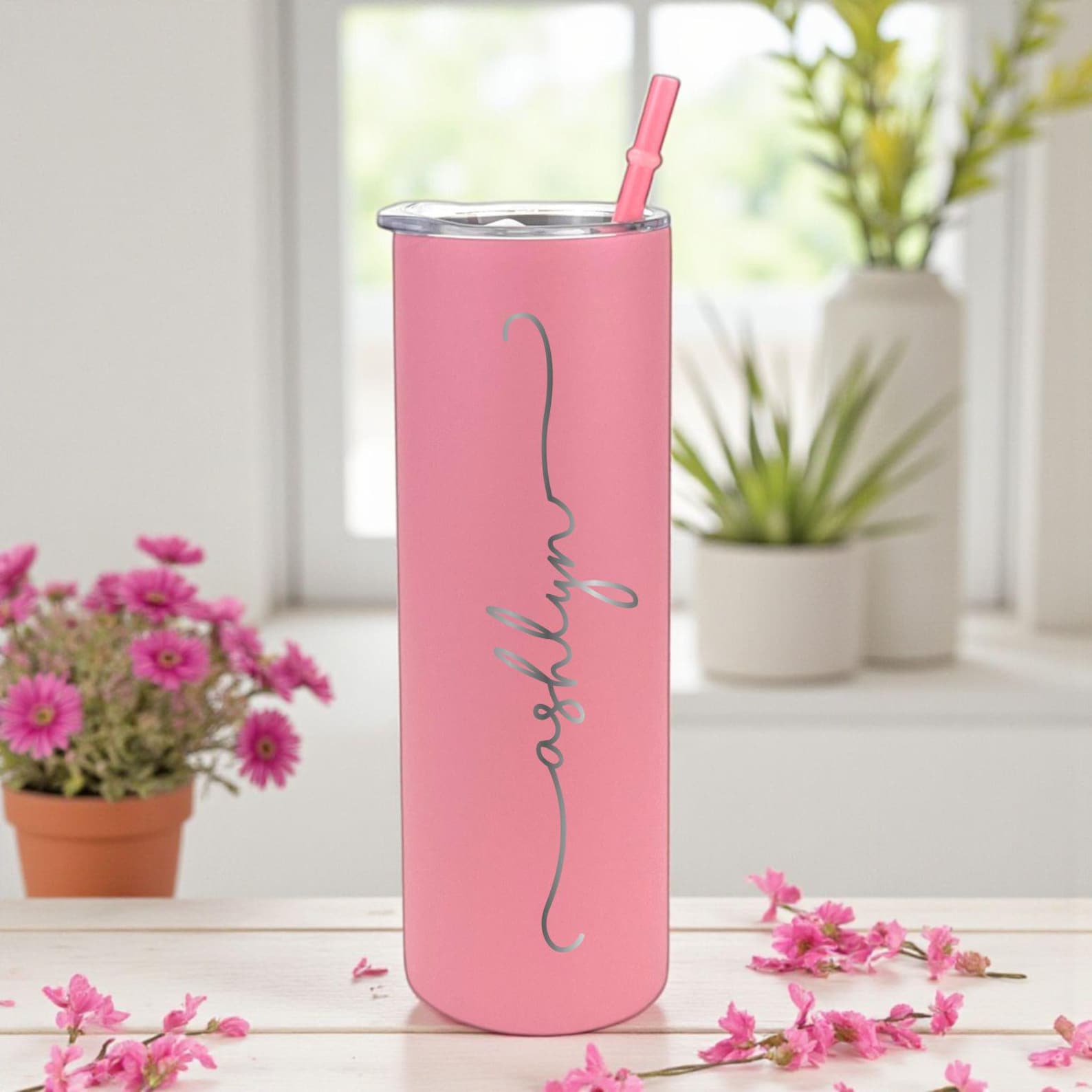 Personalized Skinny Tumbler with Name – Custom Engraved Insulated Cup with Lid & Straw for Bridesmaid Gift, Birthday or Girls Trip