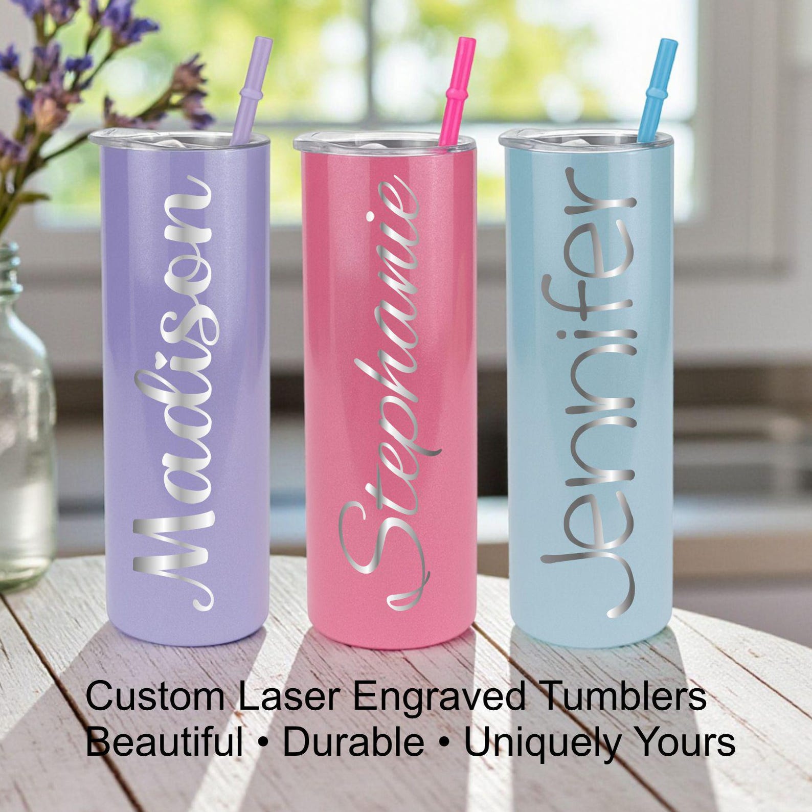 Personalized Skinny Tumbler with Name – Custom Engraved Insulated Cup with Lid & Straw for Bridesmaid Gift, Birthday or Girls Trip