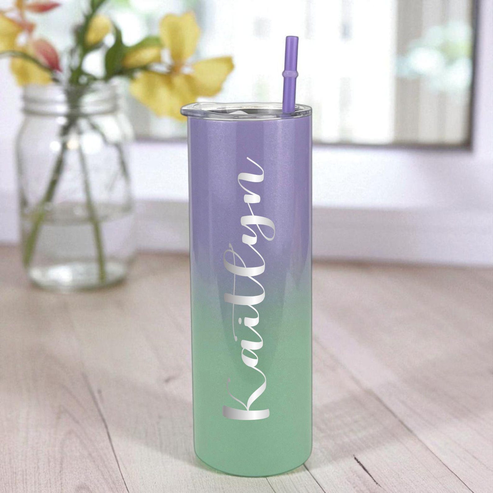 Personalized Skinny Tumbler with Name – Custom Engraved Insulated Cup with Lid & Straw for Bridesmaid Gift, Birthday or Girls Trip