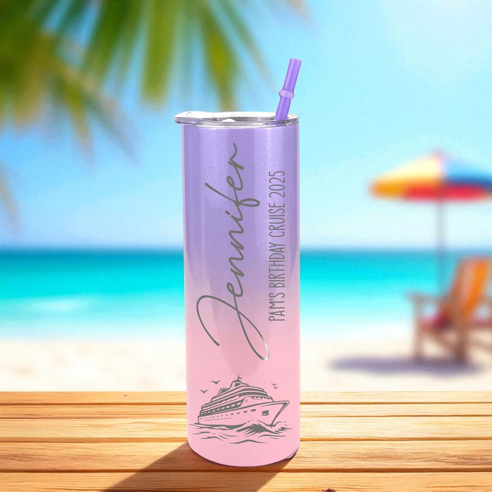 Beach Trip Tumblers with Name | Engraved Vacation Cups | Matching Travel Cups | Custom Skinny Tumbler | Pool & Cruise Drink Cup
