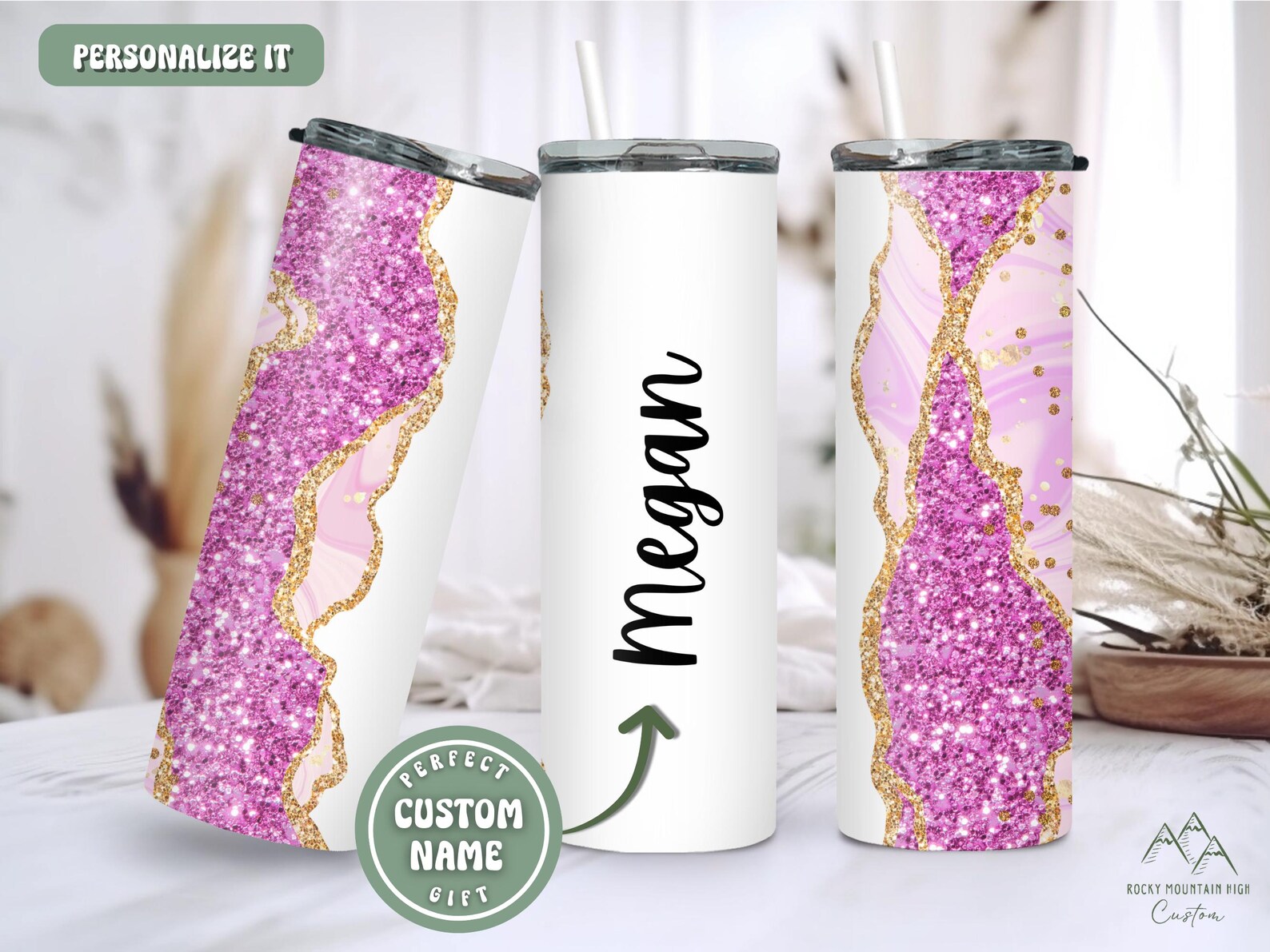 Personalized Agate Marble Tumbler with Name, Custom Glitter Name Cup, 20oz Skinny Tumbler with Straw