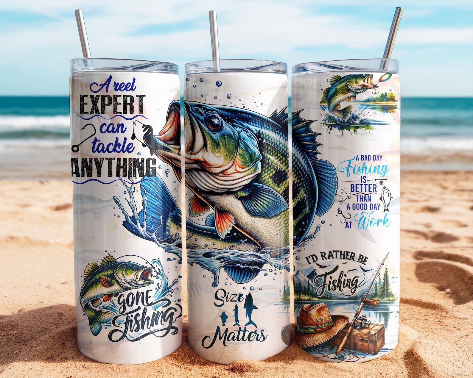 Bass Fishing 20oz Skinny Tumbler with Straw, Fisherman Drinkware Gift, Outdoorsman Stainless Coffee Cup