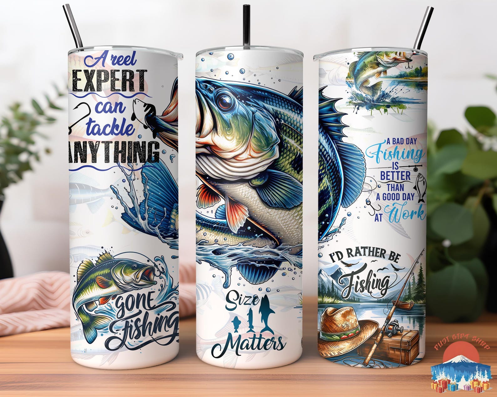 Bass Fishing 20oz Skinny Tumbler with Straw, Fisherman Drinkware Gift, Outdoorsman Stainless Coffee Cup