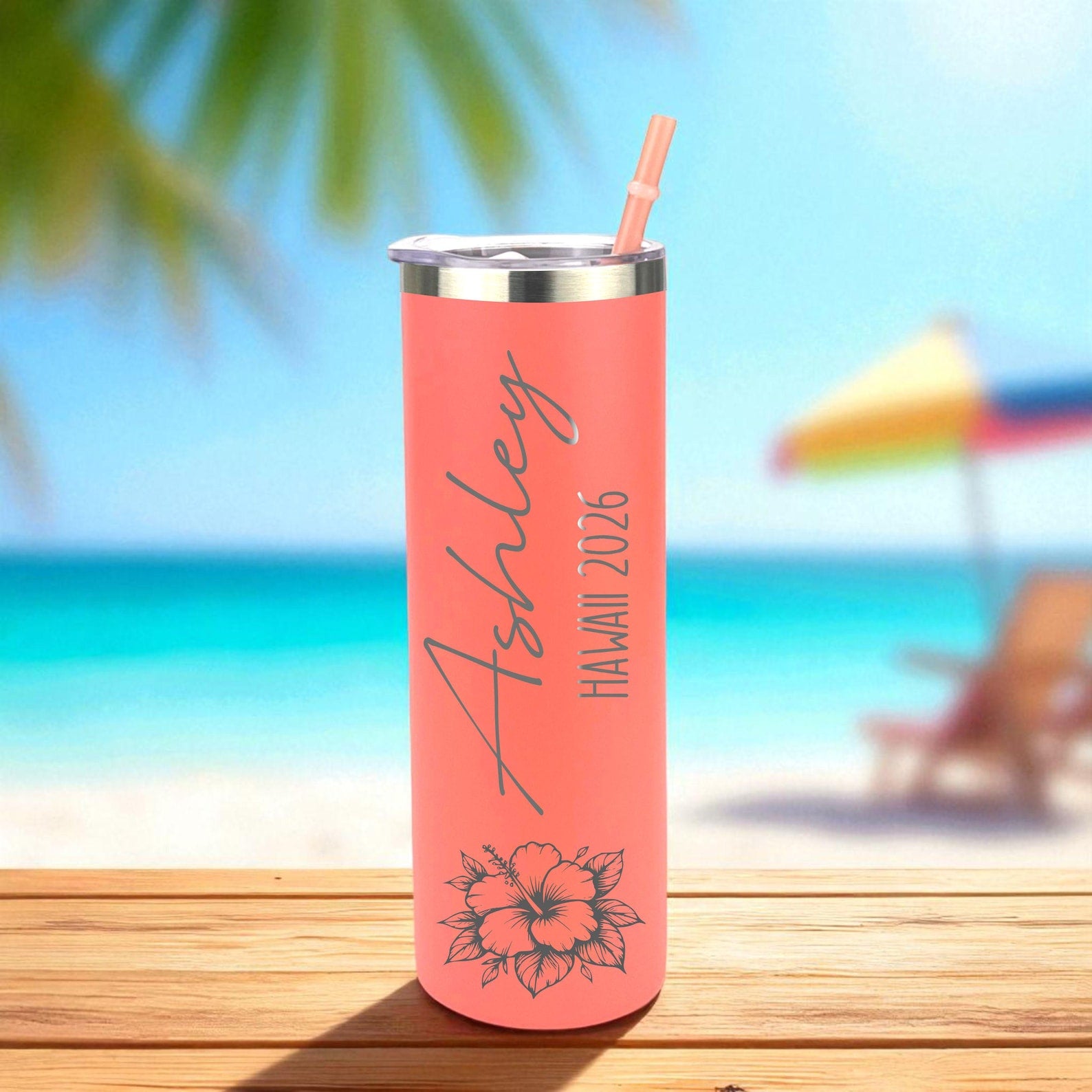Beach Trip Tumblers with Name | Engraved Vacation Cups | Matching Travel Cups | Custom Skinny Tumbler | Pool & Cruise Drink Cup