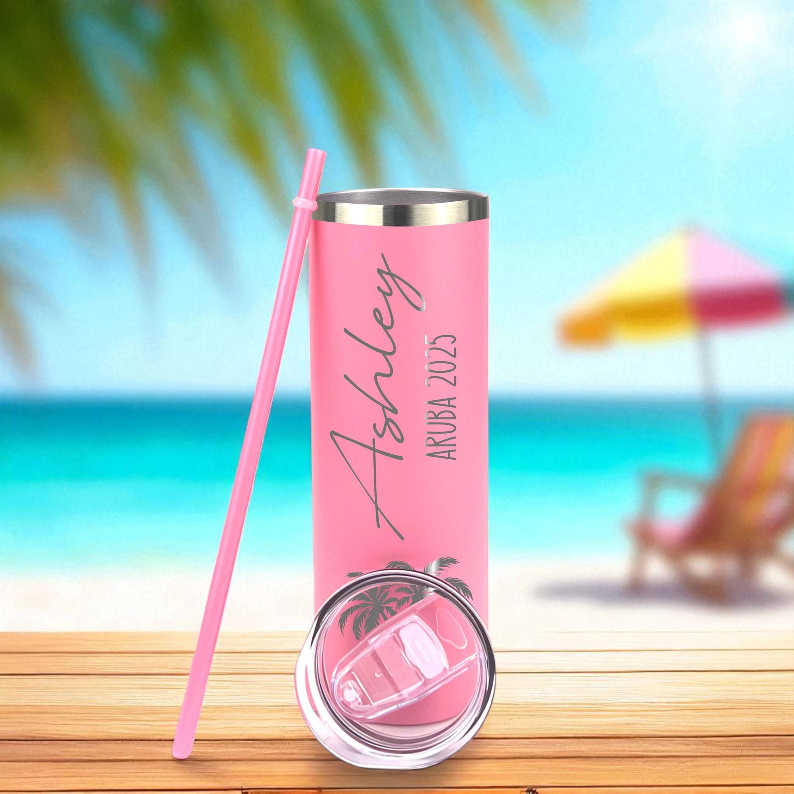 Beach Trip Tumblers with Name | Engraved Vacation Cups | Matching Travel Cups | Custom Skinny Tumbler | Pool & Cruise Drink Cup