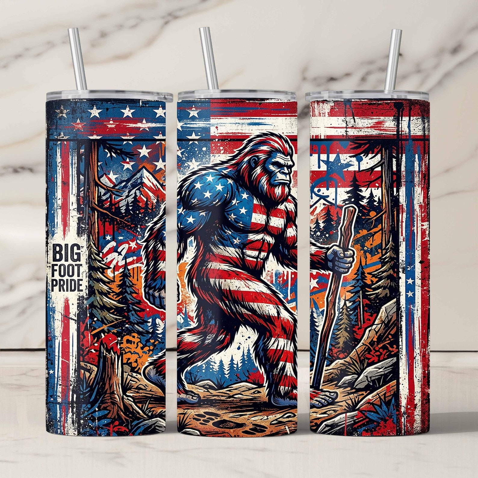 Bigfoot Pride Tumbler Wrap PNG, American Flag Sasquatch Forest Sublimation Design