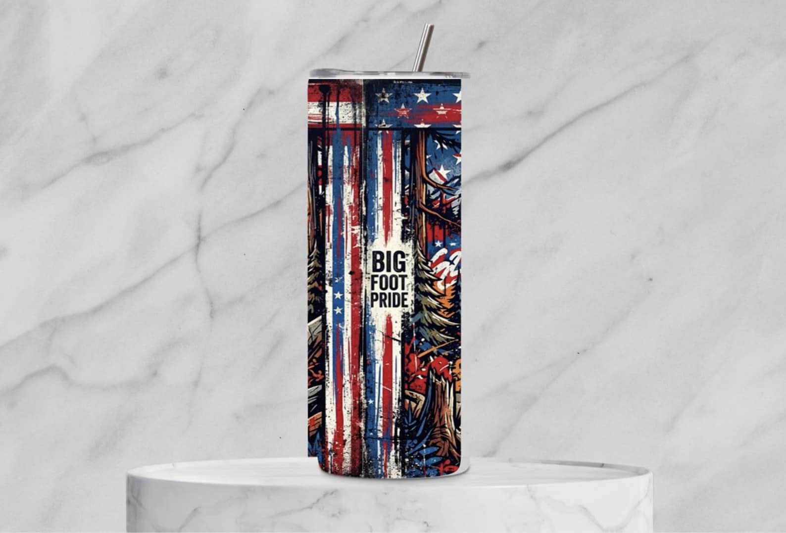 Bigfoot Pride Tumbler Wrap PNG, American Flag Sasquatch Forest Sublimation Design