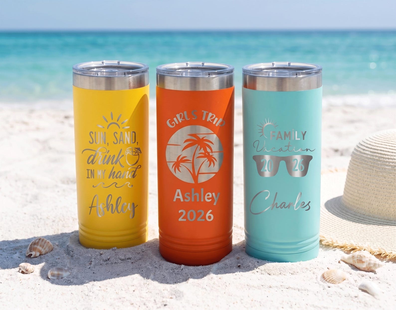 Personalized Vacation Tumbler, Custom Beach Trip Skinny Tumbler 22oz, Girls Trip Cup with Name, Matching Cruise Cup, Bachelorette Gift