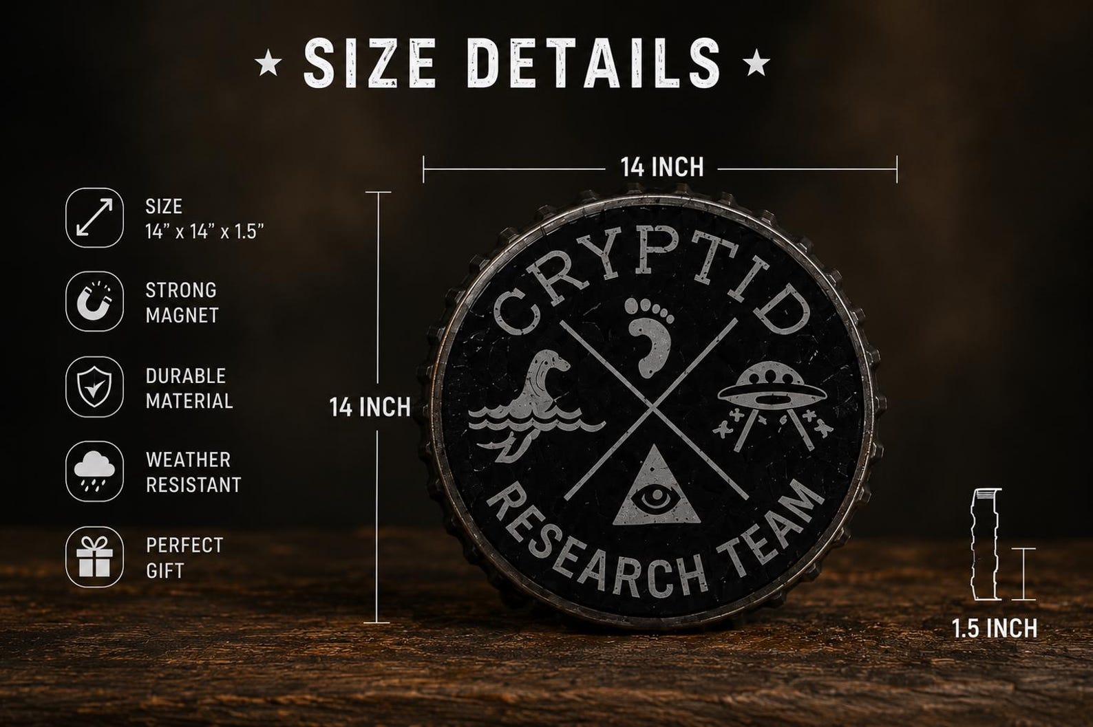 Area 51 Cryptid Research Team Emblem: Metal Bottle Cap Wall Decor (14 Inch)