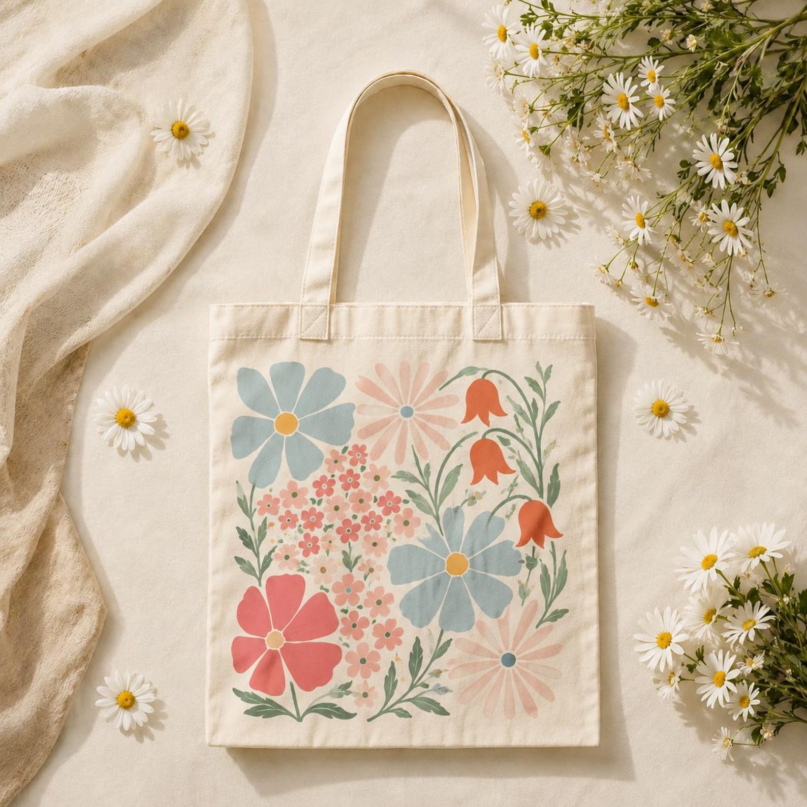 Floral Canvas Tote Bag, Botanical Cottagecore Reusable Shopping Bag