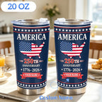 Personalized USA 250th Anniversary Tumbler 20oz, Custom Name American Flag Travel Cup, 1776-2026, Independence Day Gift