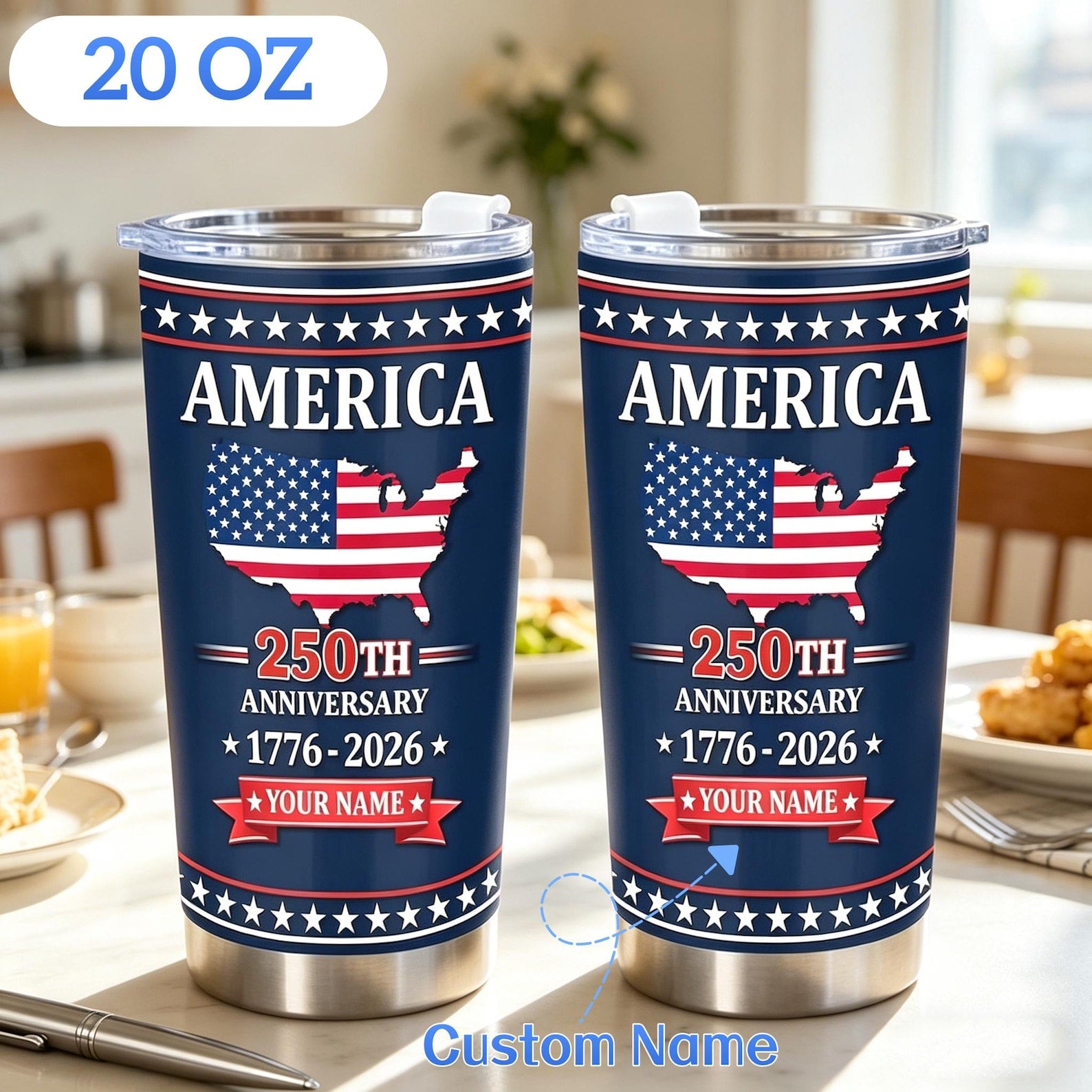 Personalized USA 250th Anniversary Tumbler 20oz, Custom Name American Flag Travel Cup, 1776-2026, Independence Day Gift