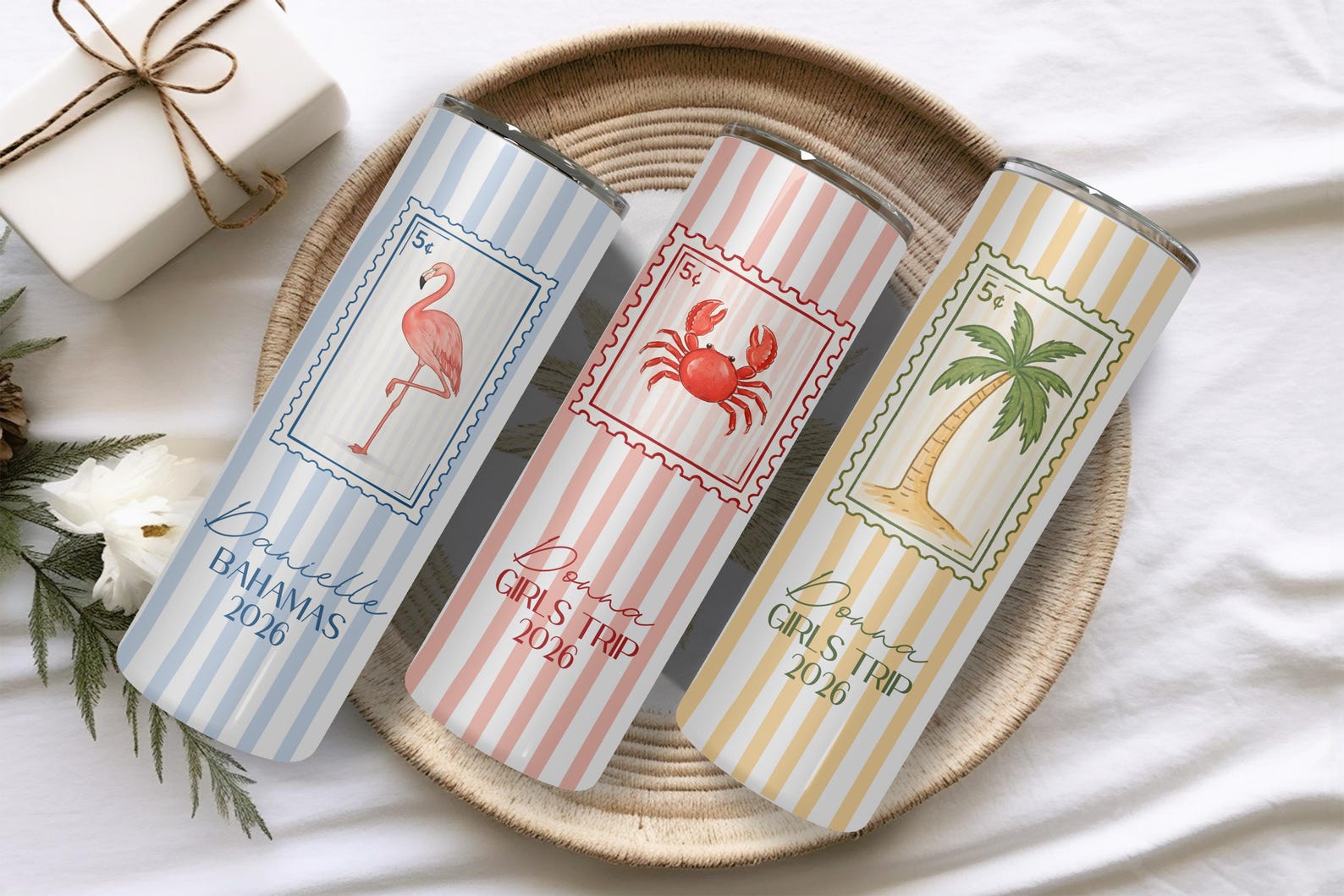Custom Vacation Tumbler - Personalized Name -  Matching Beach Vacation -  Spring Break - Bachelorette Girls Trip 20oz Skinny Tumblers