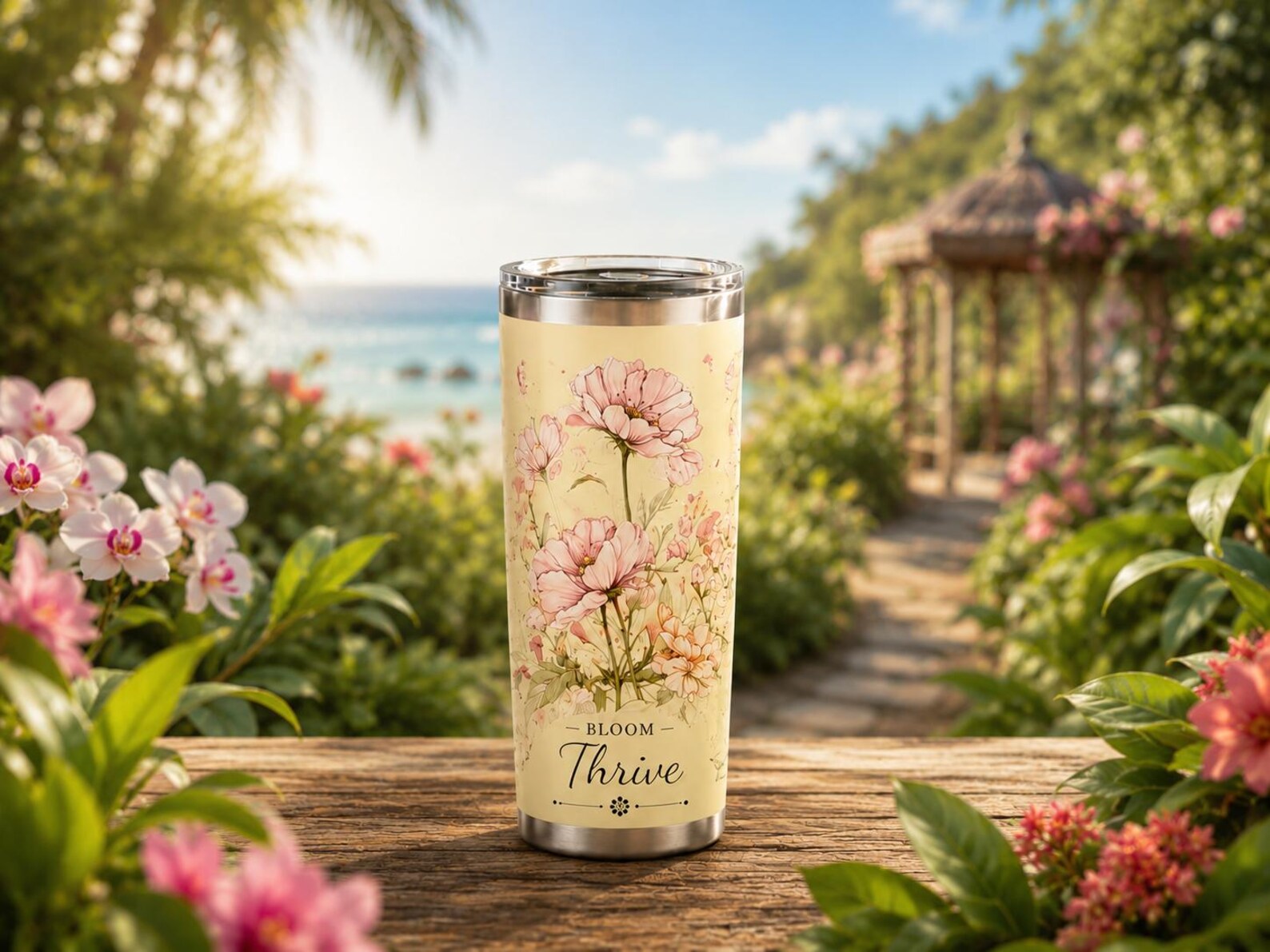 Personalized Floral Stainless Steel Tumbler, Custom Name Travel Mug, Botanical Flower Cup