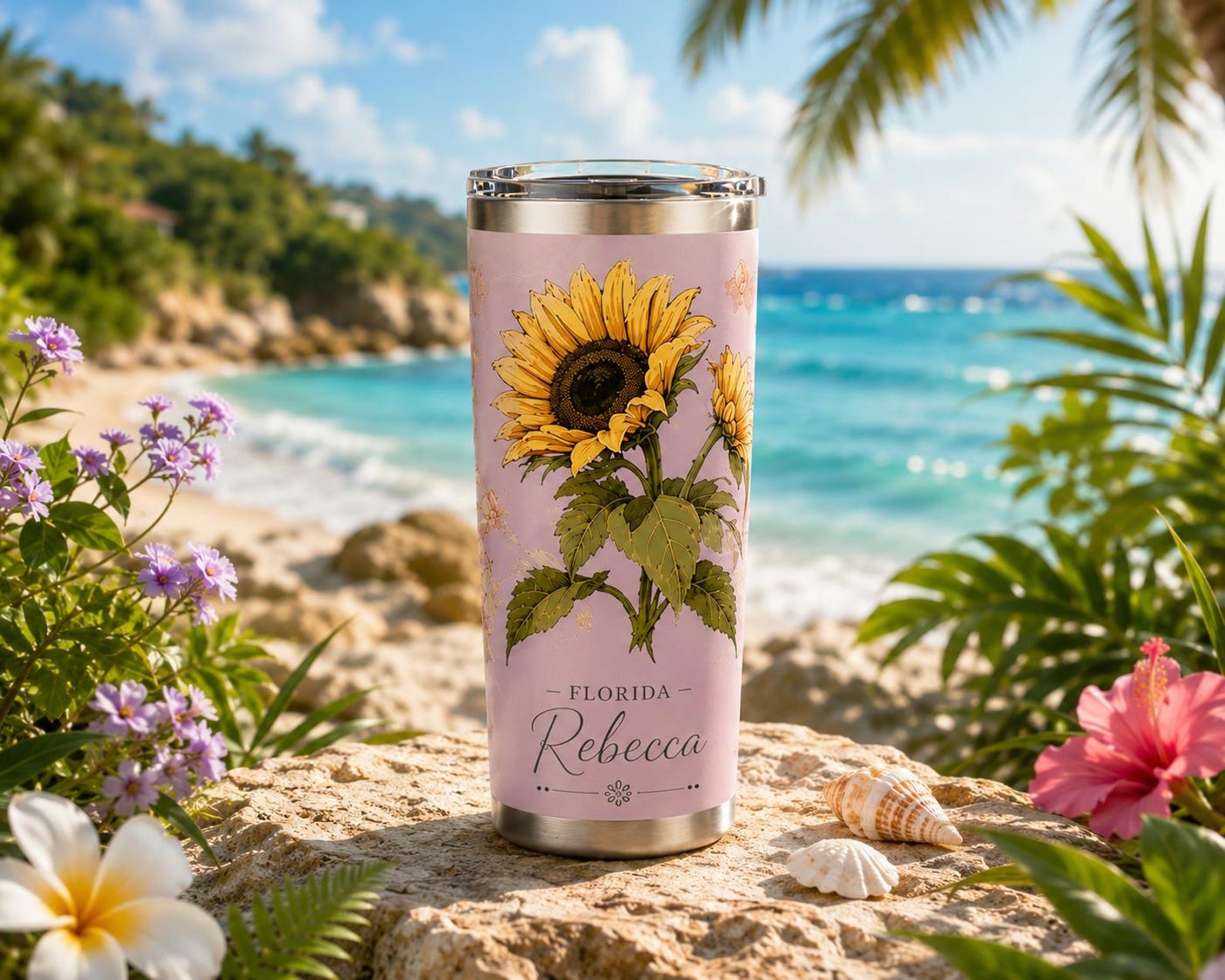 Personalized Floral Stainless Steel Tumbler, Custom Name Travel Mug, Botanical Flower Cup