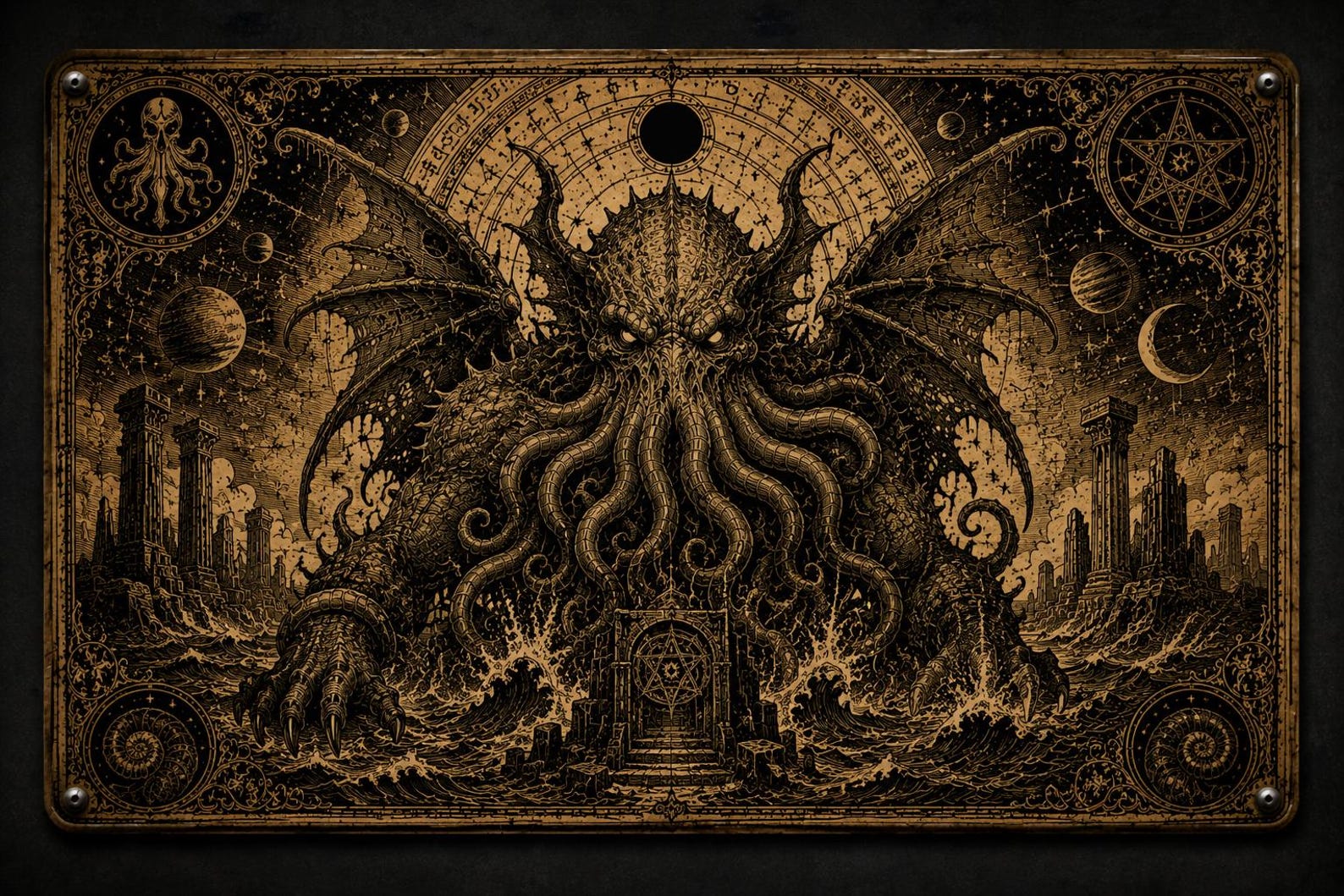 Cthulhu Metal Sign, Lovecraftian Horror Wall Decor, Eldritch Octopus Plaque, Gothic Art (8x12 inches)