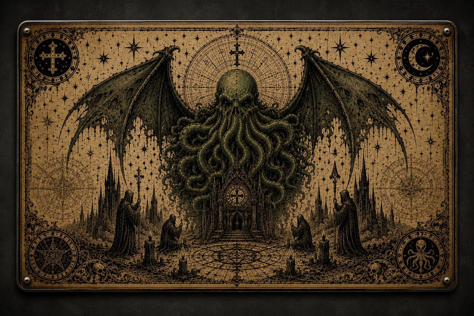Cthulhu Metal Sign, Lovecraftian Horror Wall Decor, Eldritch Octopus Plaque, Gothic Art (8x12 inches)