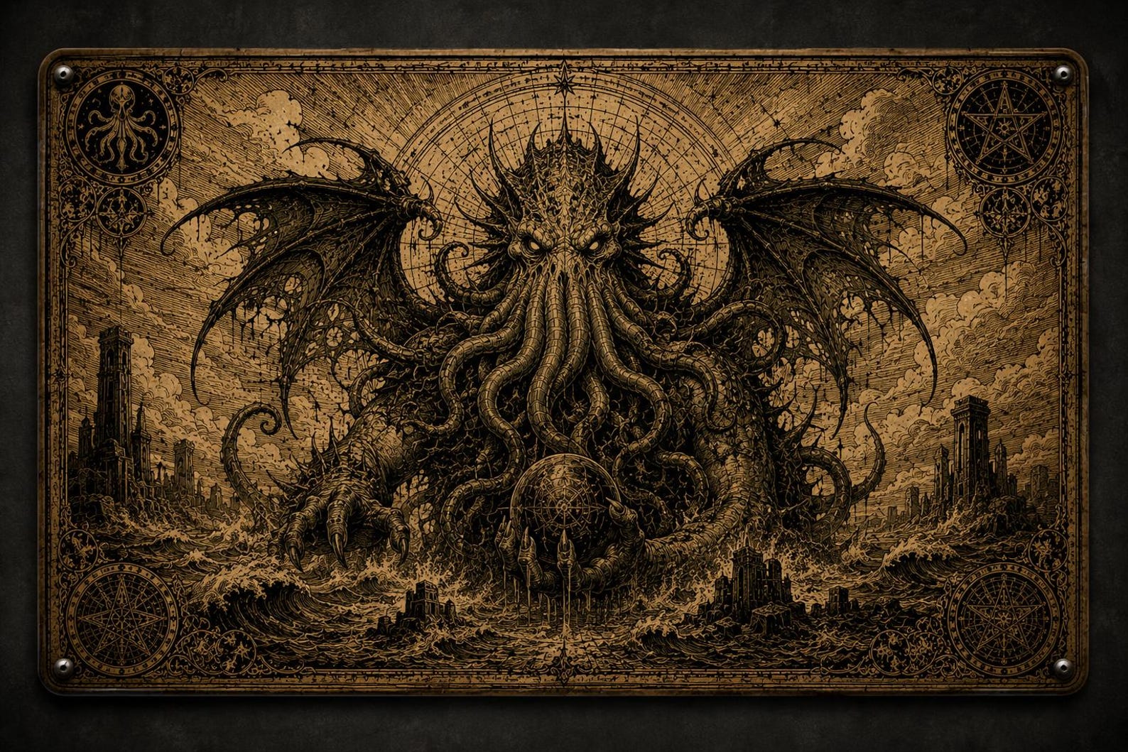 Cthulhu Metal Sign, Lovecraftian Horror Wall Decor, Eldritch Octopus Plaque, Gothic Art (8x12 inches)